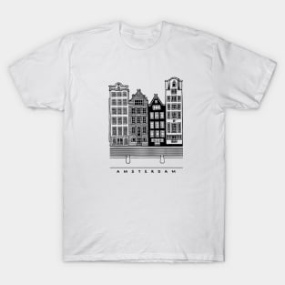 Four old houses. Amsterdam, Netherlands. Realistic black and white poster. T-Shirt